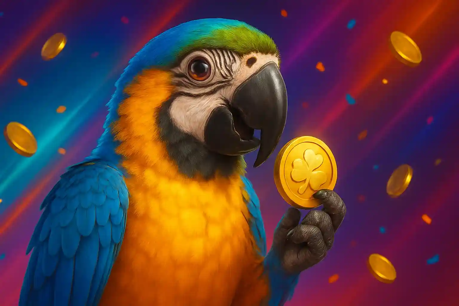 Lucky parrot mascot with golden coins for casino bonus promotion