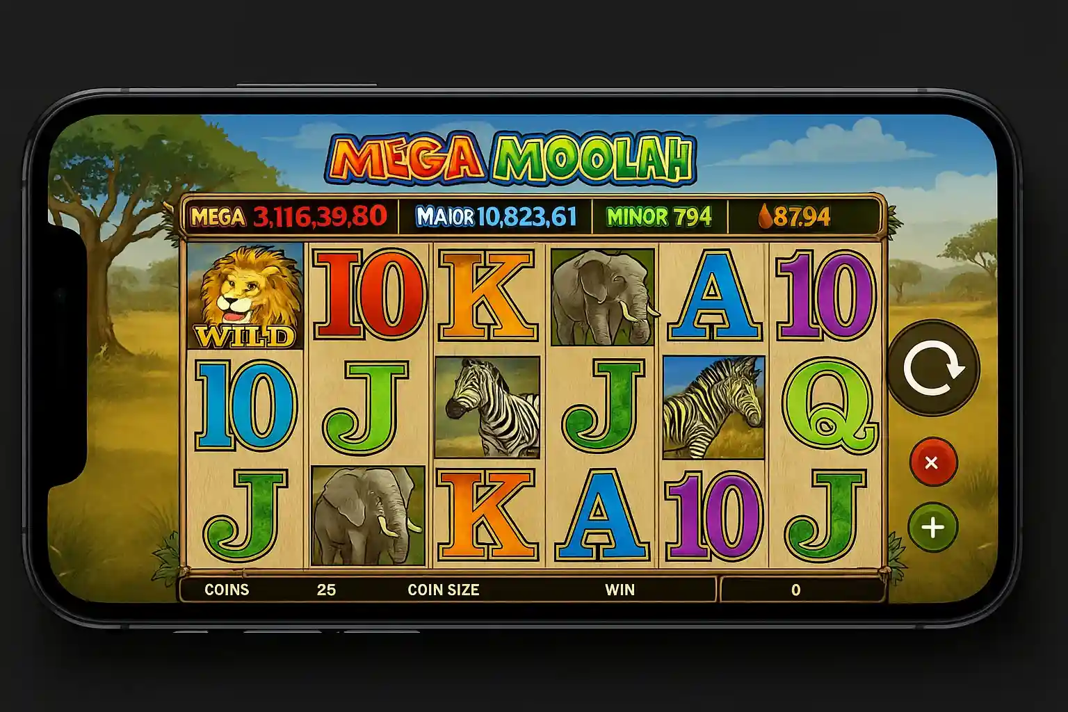 Mega Moolah progressive jackpot slot game displayed on mobile device