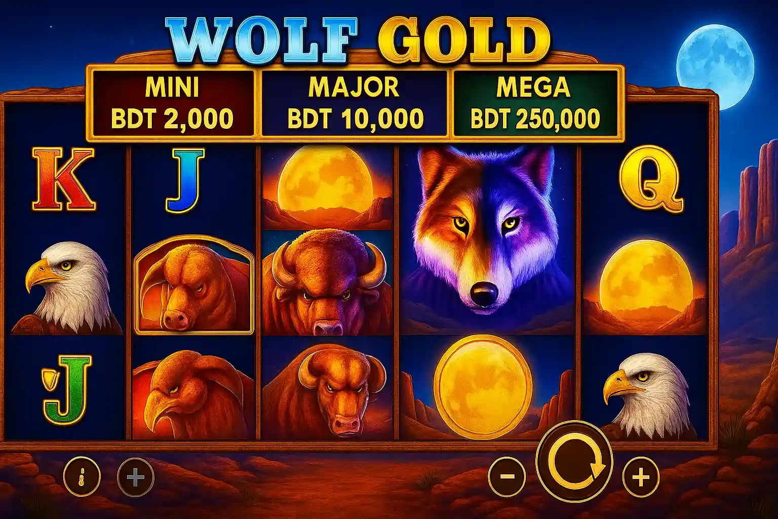 Wolf Gold slot game with wolf and moon symbols on casino reels