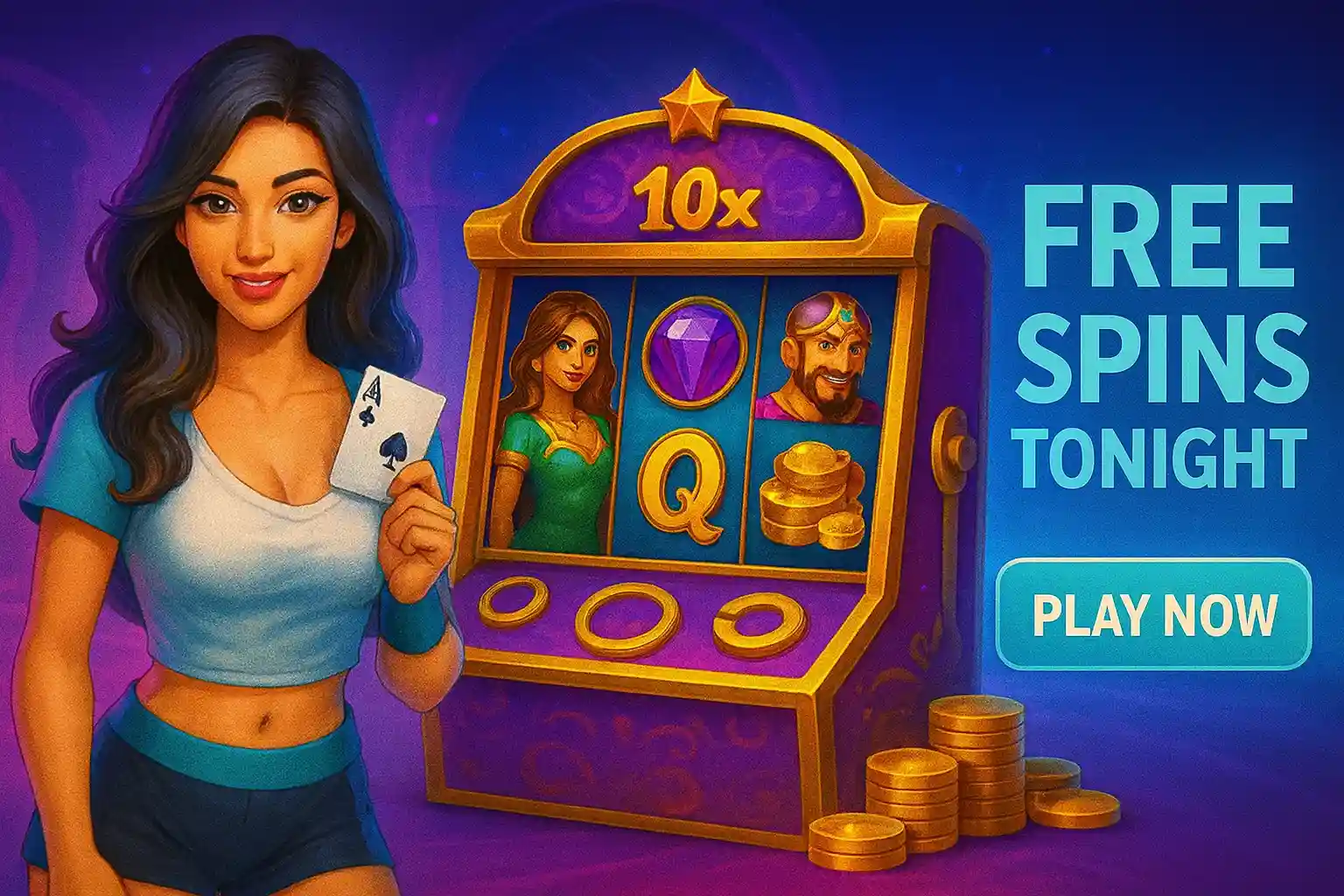 Casino slot banner offering free spins with colorful game symbols and prizes
