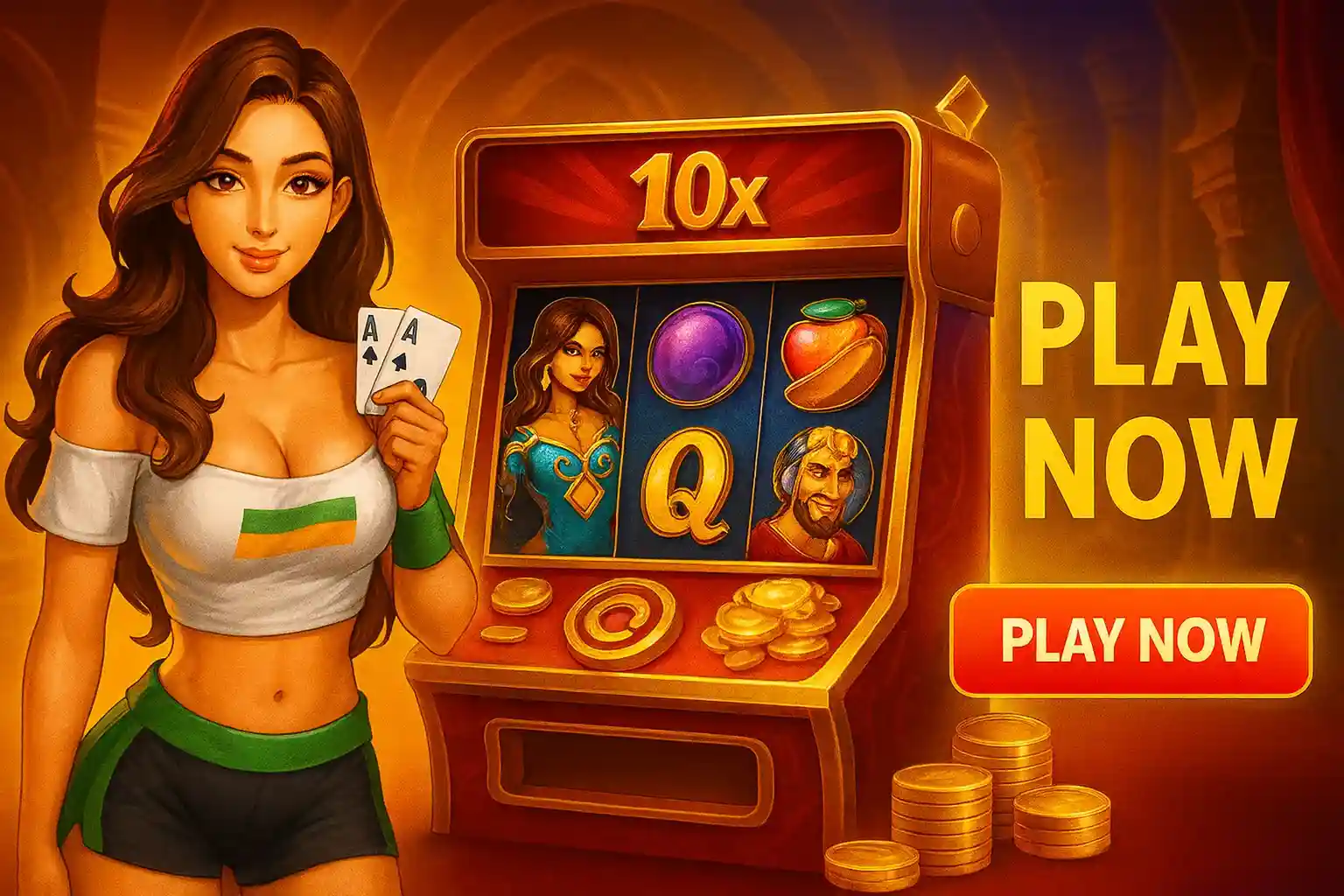 Online slot game banner with play now button and vibrant casino graphics