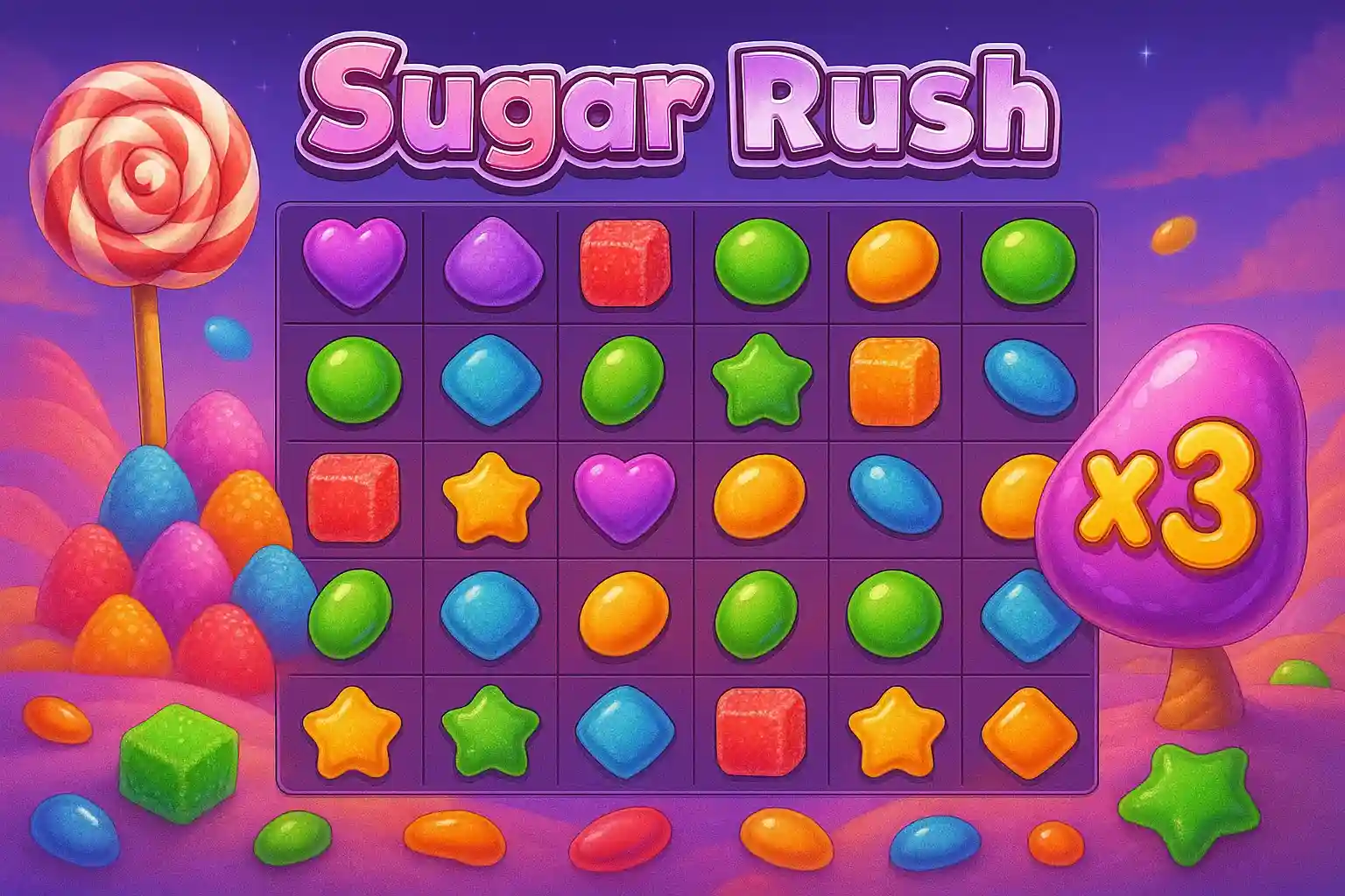 Sugar Rush candy-themed slot game with colorful sweets and bonus features