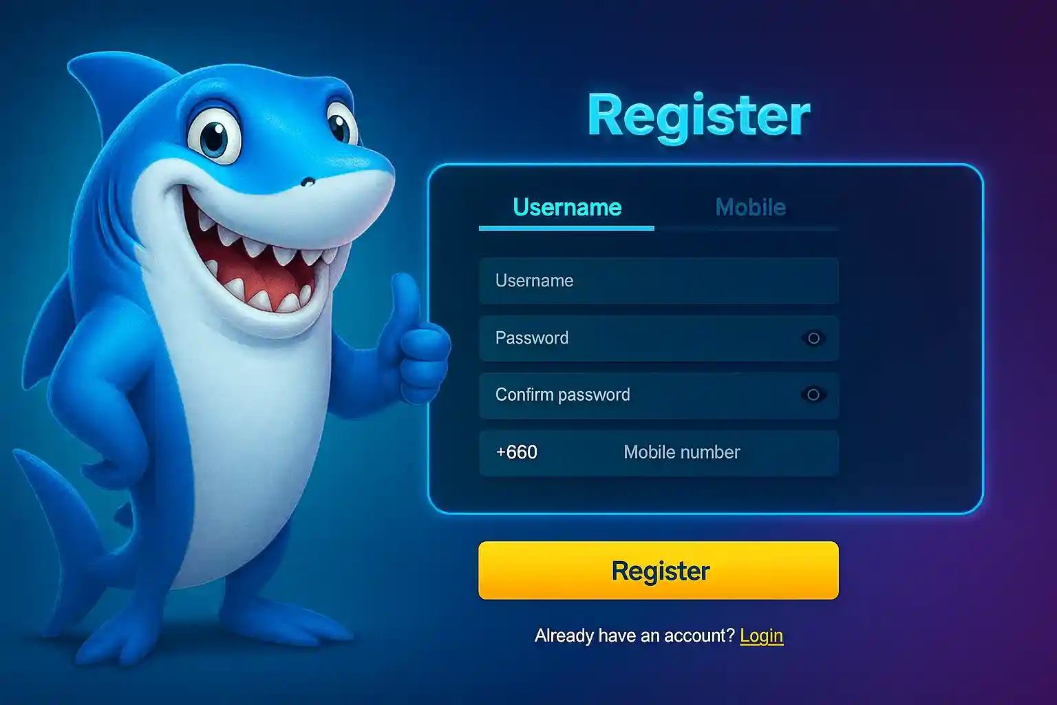Casino registration page with shark mascot welcoming new players