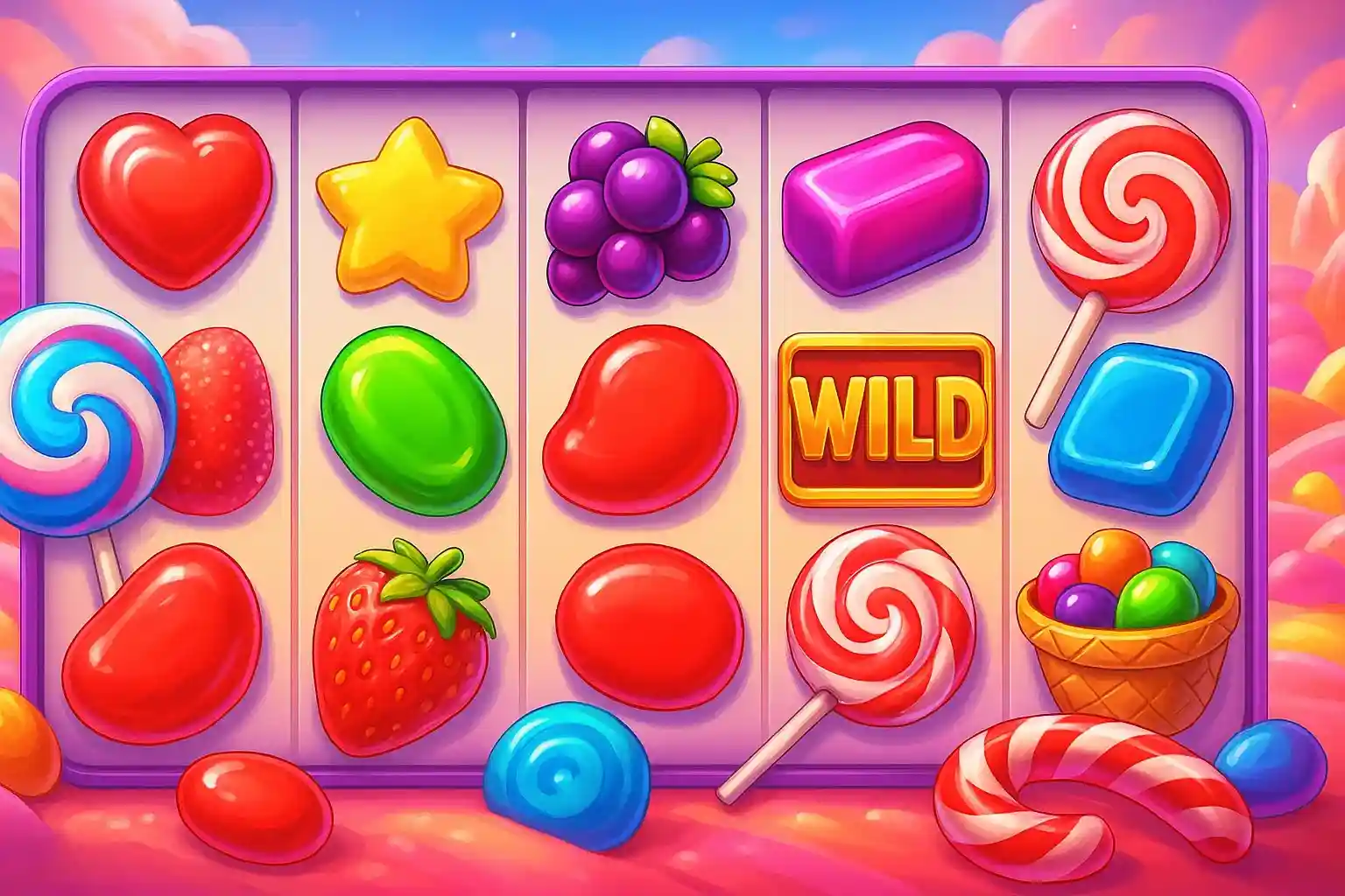 Candy-themed slot game with wild symbols and sweet bonus features